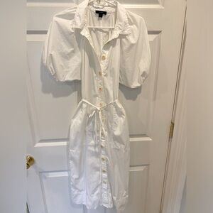 J Crew White Puff-Sleeve tie-waist shirt dress